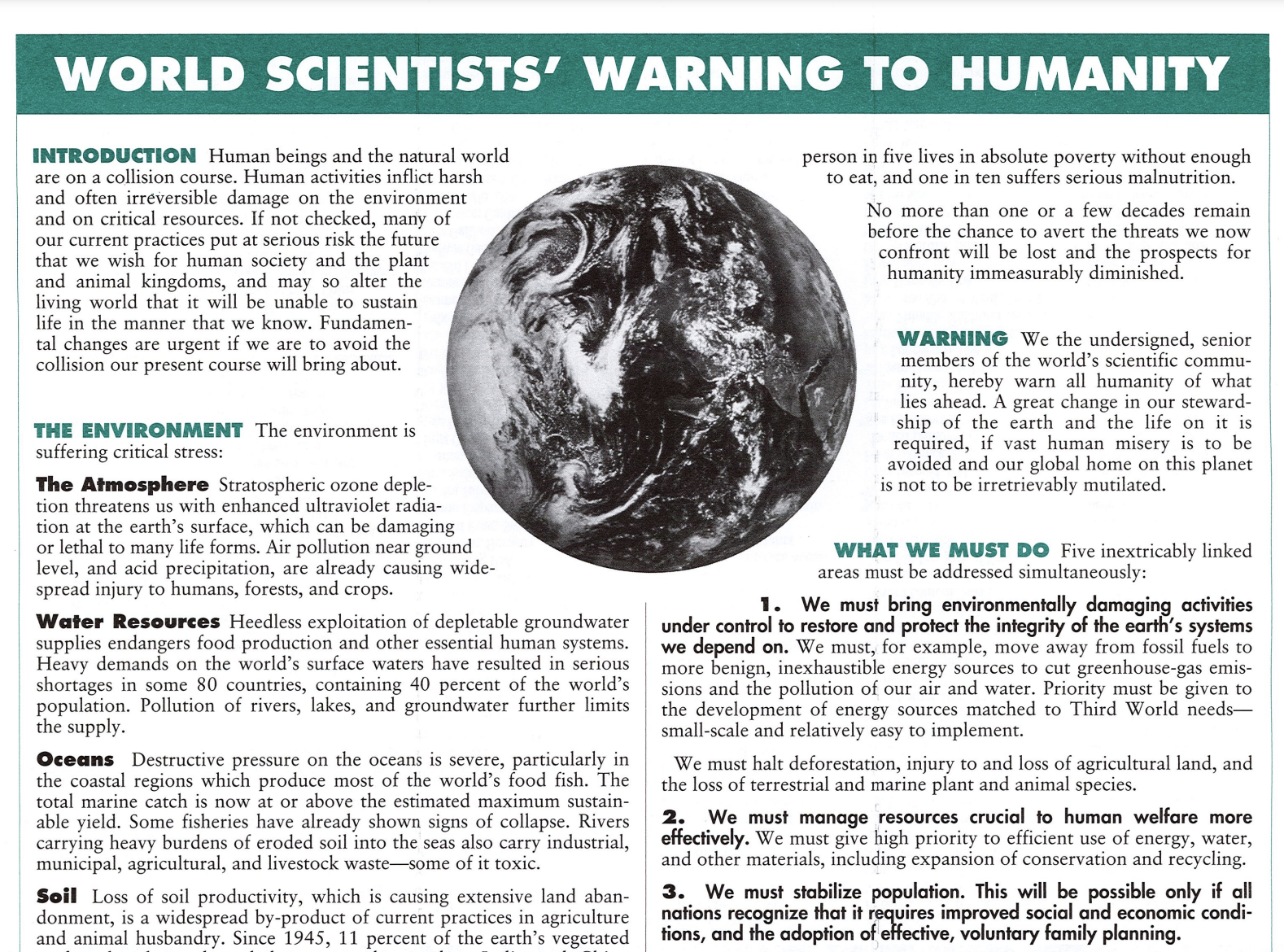 World Scientists' Warning to Humanity