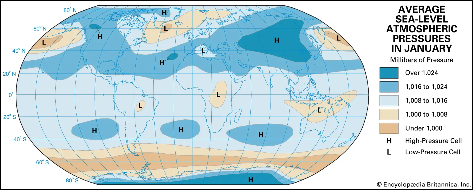 Pressions atmosphériques moyennes au niveau de la mer en janvier