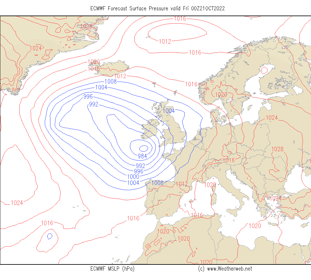 Carte de pression de surface prévue