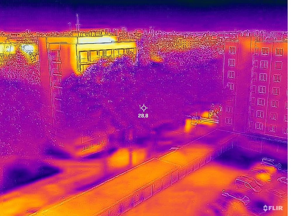 La même scène en thermographie : sol et bâti chauds, arbres frais
